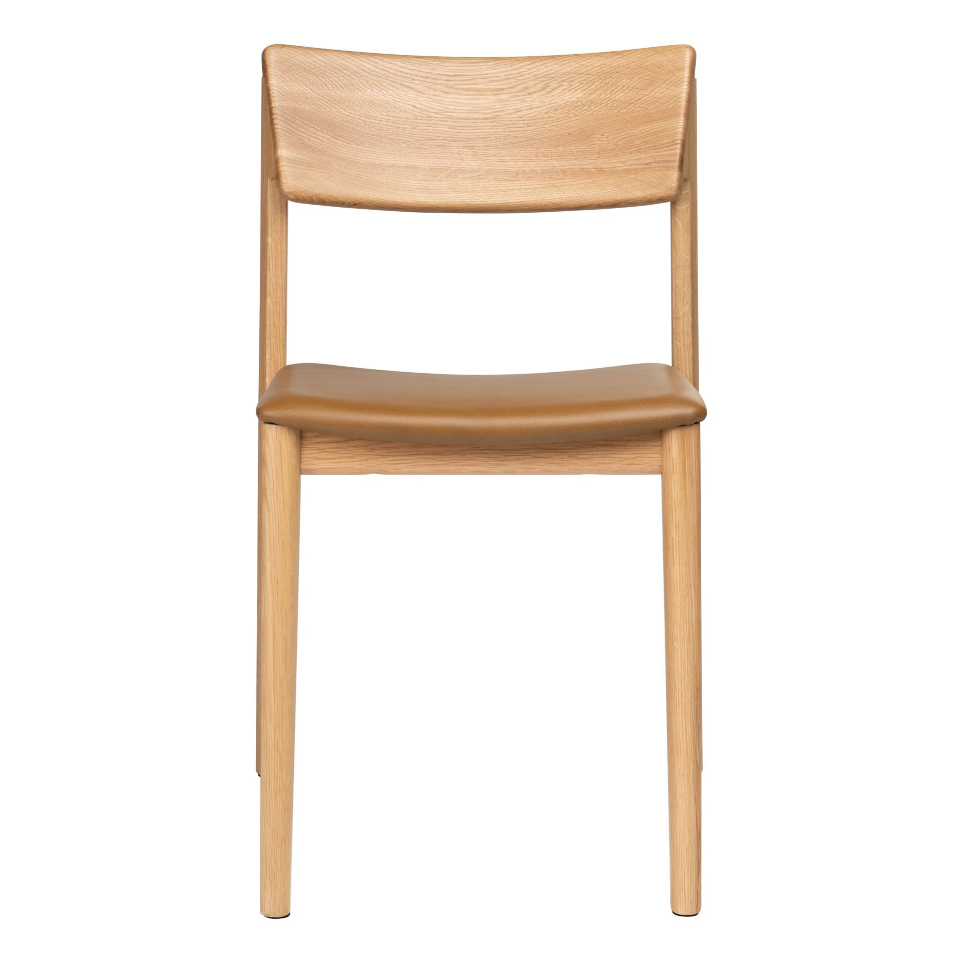 Front view of the Wooden Stories Poise Dining Chair | Light Oak with Leather, showcasing elegant Danish lines, a curved backrest, and a light brown padded leather seat, set against a plain white background.