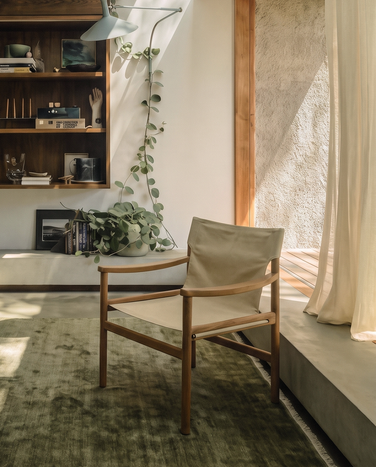 A sunlit modern living room features the Ethnicraft Safari Lounge Chair, a green rug, wall-mounted bookshelves, trailing plant, and sheer curtains. Warm natural light pours through a large window onto the scene.