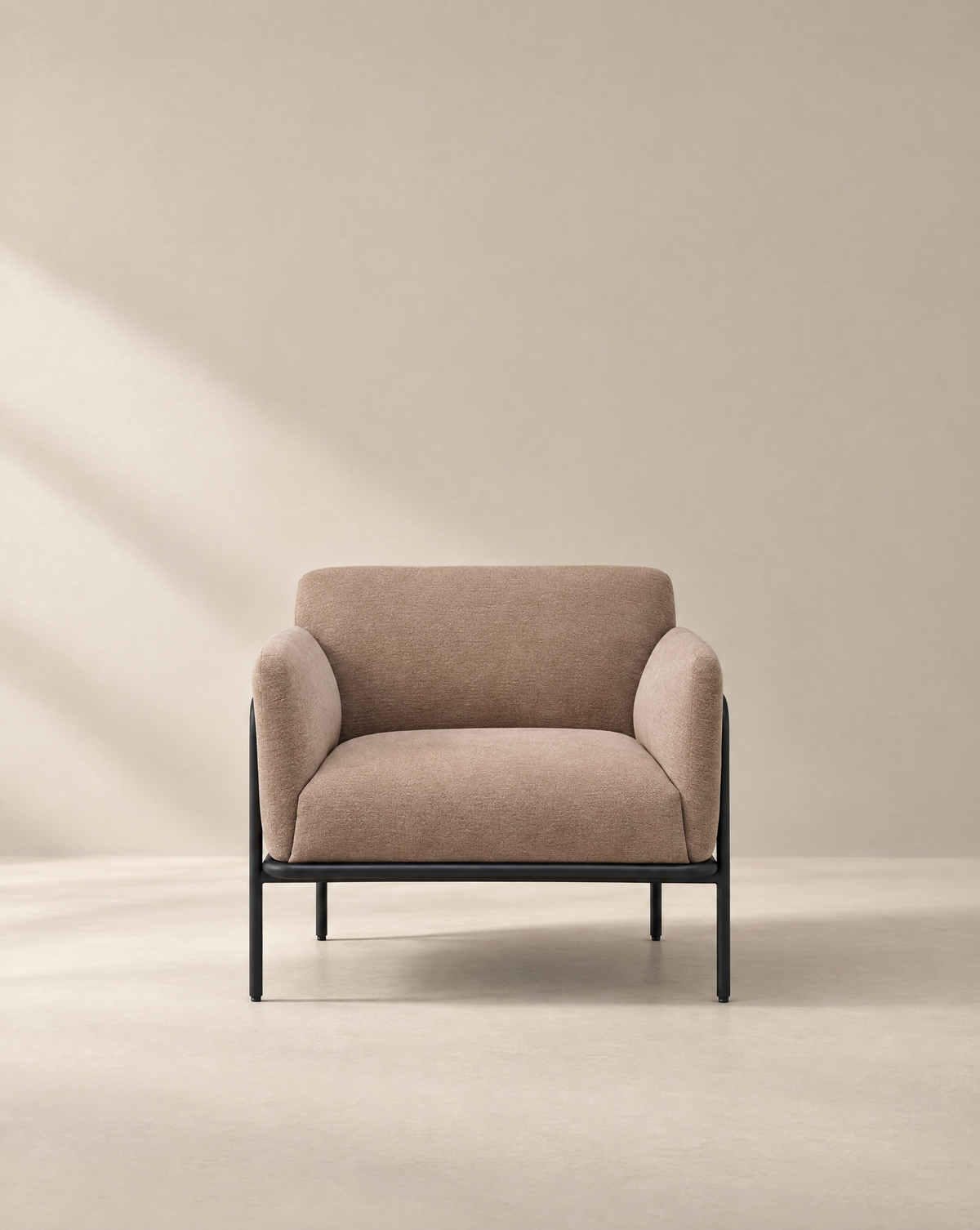 A Scribe Lounge Chair | Fabric in a light brown upholstered Bauhaus-inspired design with a thin black metal frame.
