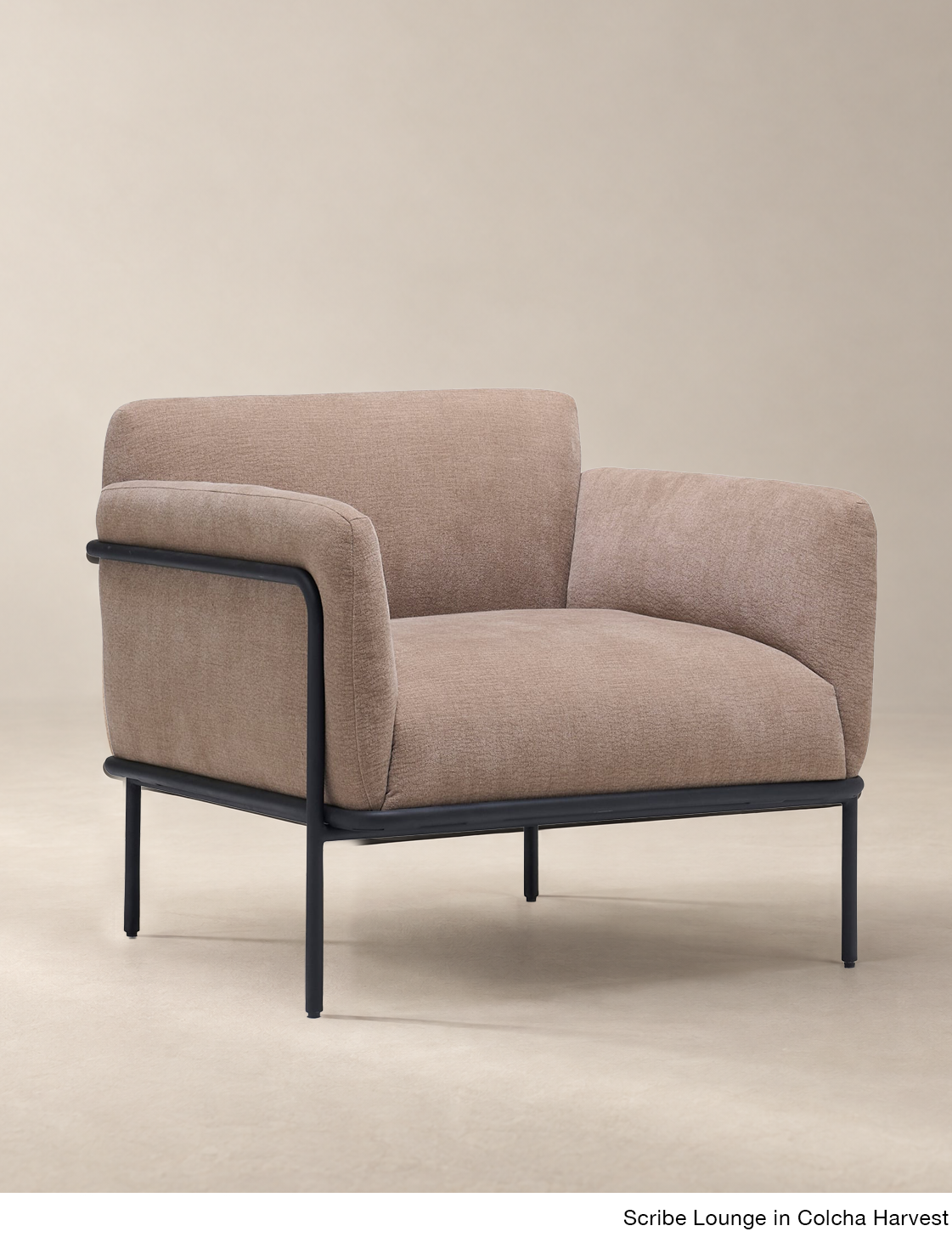 Scribe Lounge Chair | Fabric by Wooden Stories, a Bauhaus-inspired armchair with taupe fabric upholstery and a black metal frame.