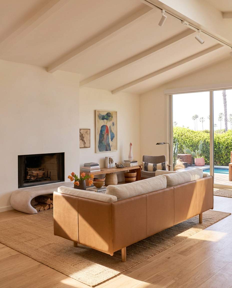 A bright living room featuring the customizable Sonder Sofa | Fabric with Leather Back by Wooden Stories, a cozy fireplace, captivating artwork, wooden desk, and expansive windows overlooking a pool and lush greenery. Neutral tones and abundant natural light evoke a modern yet inviting atmosphere inspired by the Danish collection.