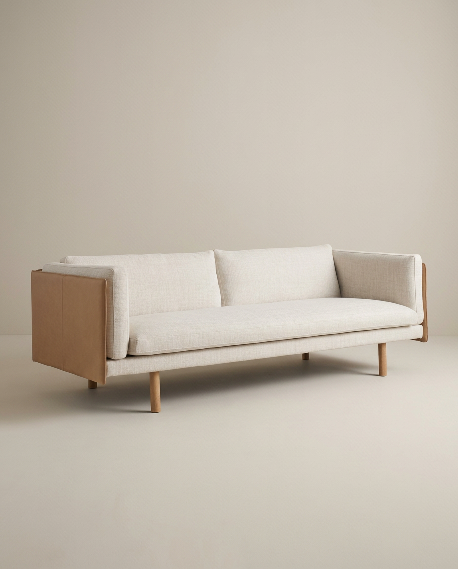 Experience the Sonder Sofa | Fabric with Leather Back by Wooden Stories—a modern Danish-inspired beige sofa featuring clean lines, light wood legs, and soft high-density foam cushions, beautifully showcased against a plain off-white background.