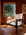 A SOBU Viking Lounge Chair - Black Ash sits on a cowhide rug in a sunlit room with wood-paneled walls, a large window framed by bamboo, and abstract wall art.