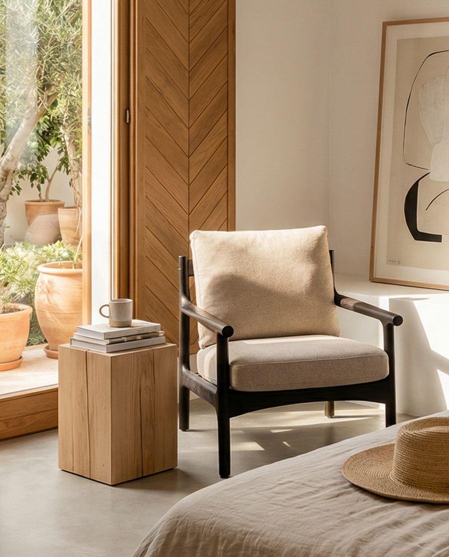Bright, minimalist bedroom with neutral tones, a canopy bed, a straw hat atop gray wool-linen bedding, large windows with wooden shutters, modern art, a wicker basket, SOBU's Viking Lounge Chair in Black Ash, and lush greenery outside.