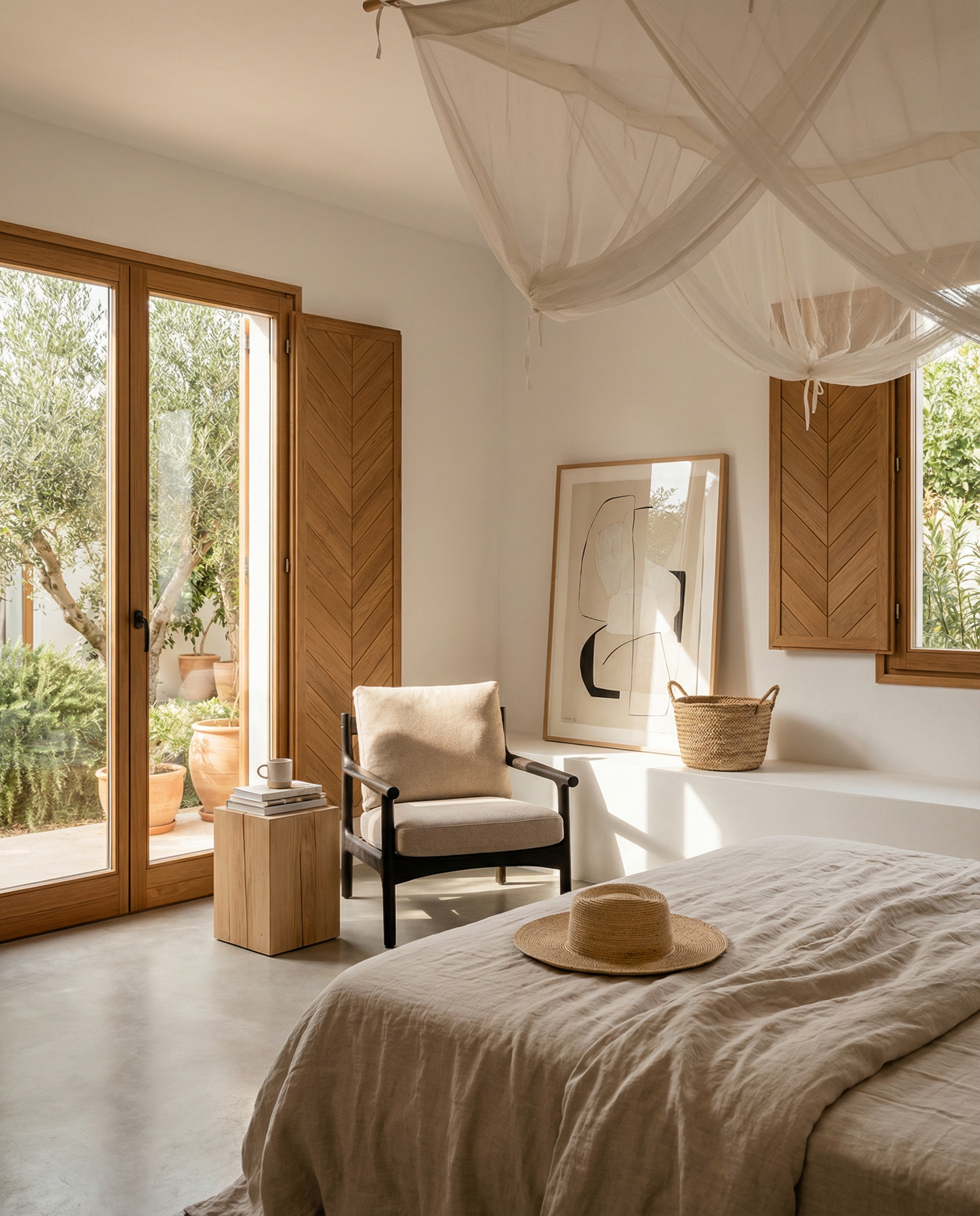 Sunlit bedroom with large windows, neutral decor, a canopy bed, abstract wall art, cozy armchair, wooden accents, the Mars Terra Side Table by SOBU as a minimal nightstand; greenery outside and a straw hat on the bed.