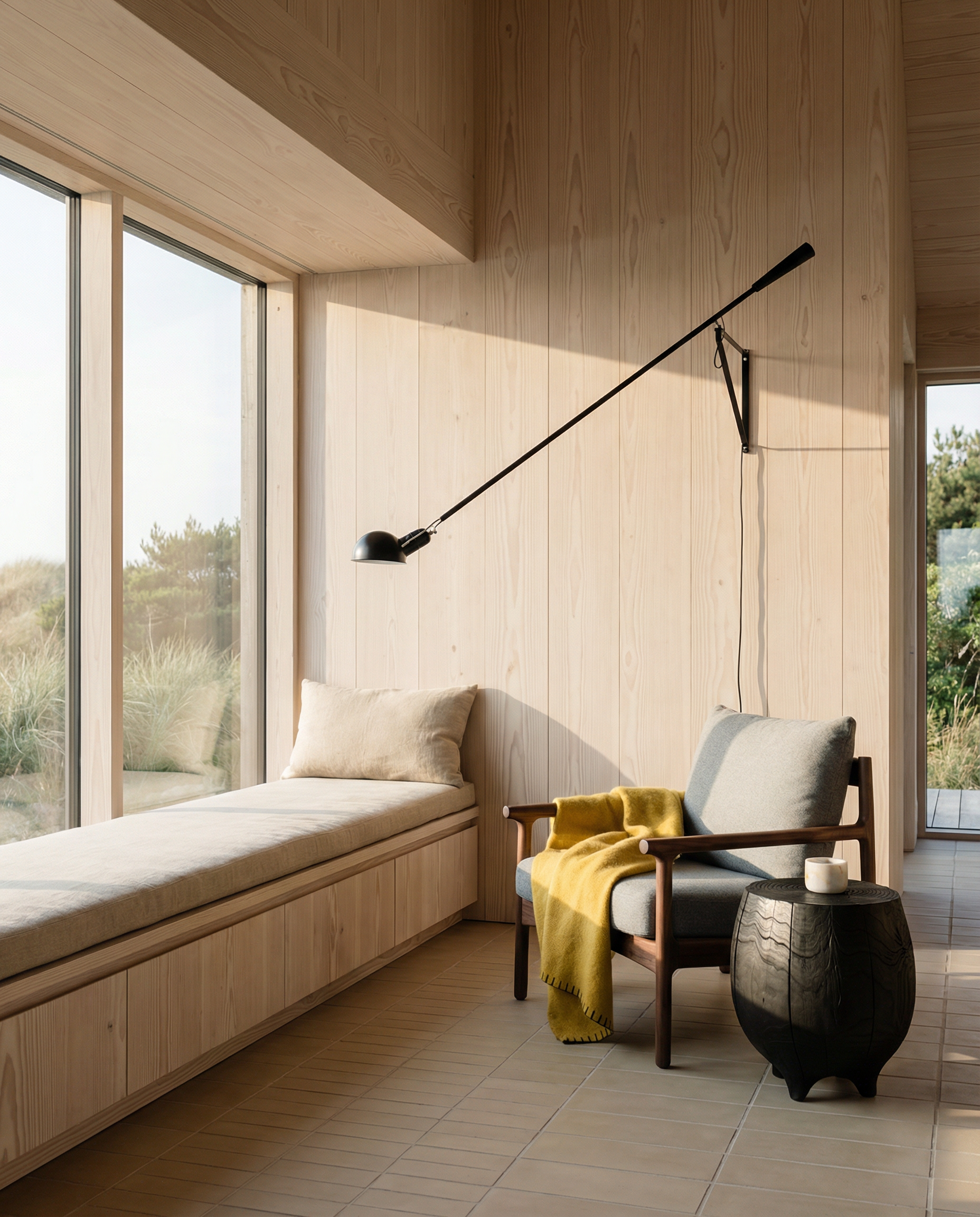 A cozy modern room with large windows, a wood-paneled wall, a cushioned bench, the SOBU Viking Lounge Chair in walnut with a mustard yellow throw, a small side table, and a black wall lamp. Natural light fills the space.
