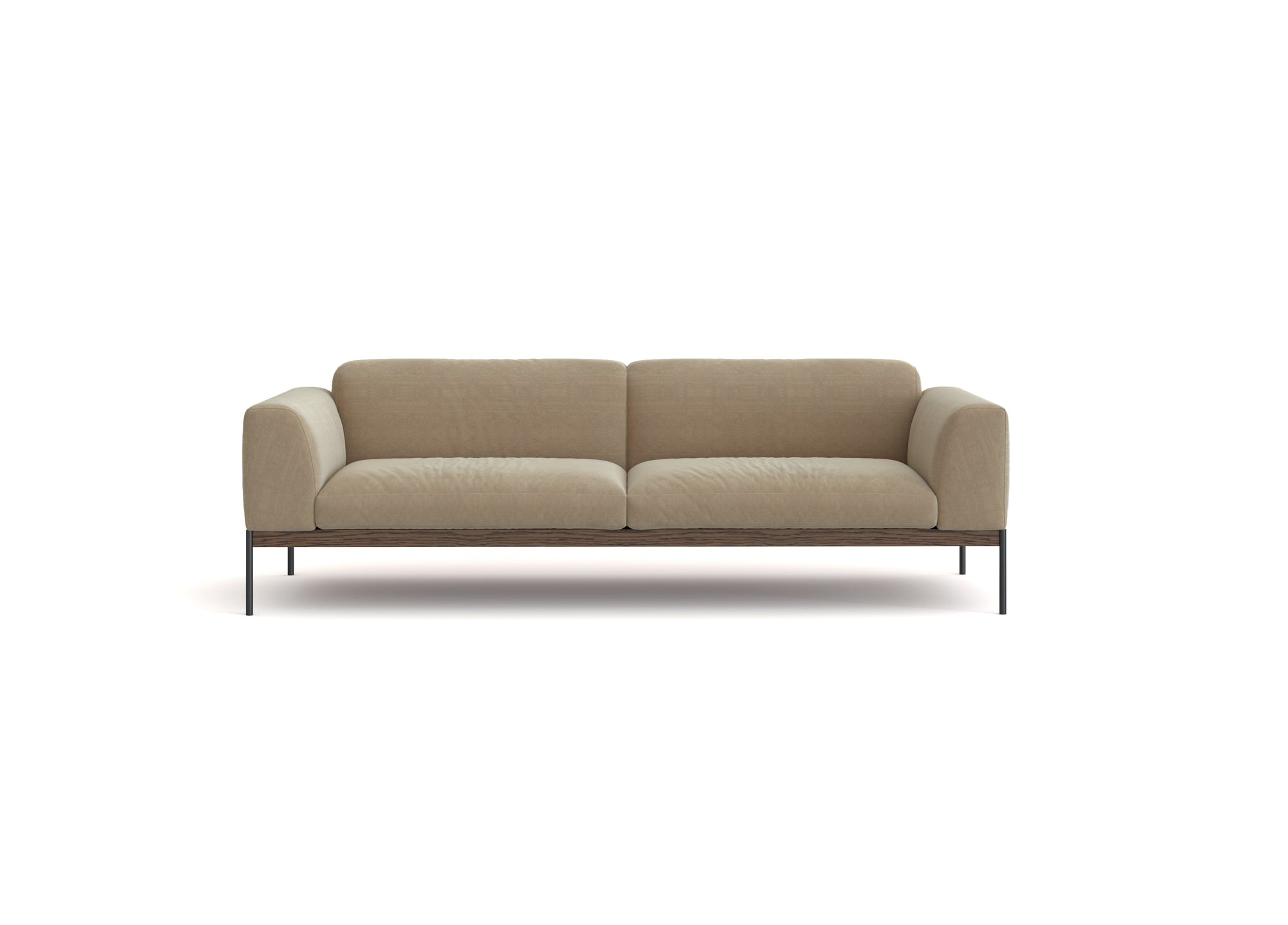 The Department Sofa 81" by Wooden Stories features plush beige cushions, rounded arms, slim black metal legs, and a solid wood base inspired by Danish design, shown against a plain white background.