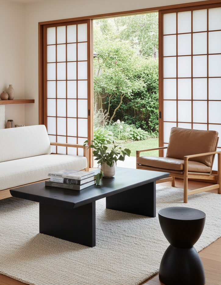 A modern living room features a white sofa, tan armchair, and the SOBU Sofia Live Edge Coffee Table in Black Ash. Large shoji screen doors open to a lush garden, illuminating the serene, minimalist space with natural light.