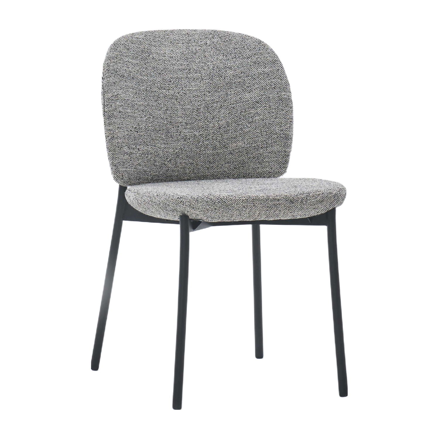 The Solace Dining Chair by Wooden Stories features a cushioned gray fabric seat and backrest, complemented by slim black metal legs for a modern look.