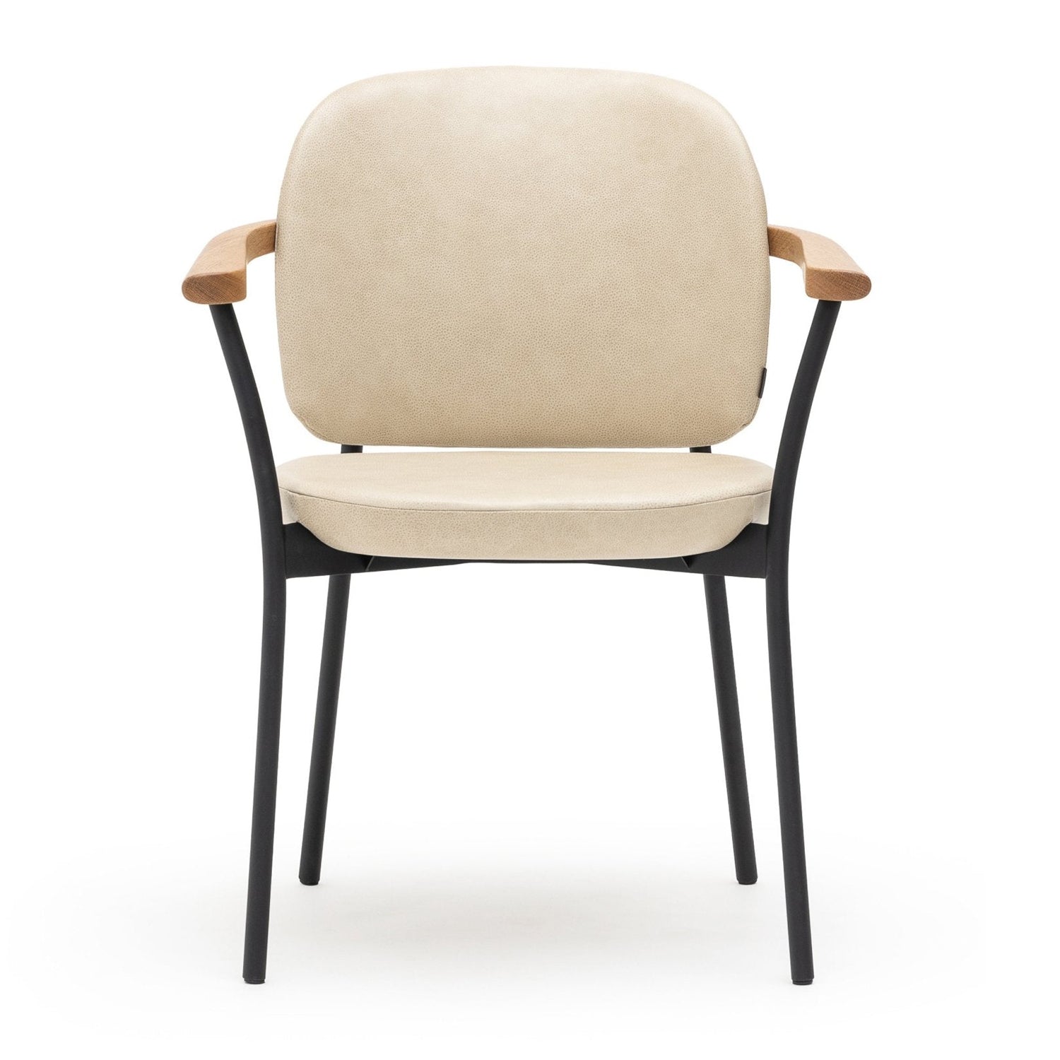 The Solace Dining Armchair | Leather by Wooden Stories is a modern chair with a beige cushioned seat and backrest, black metal legs, and light wooden armrests, shown front-facing against a white background.