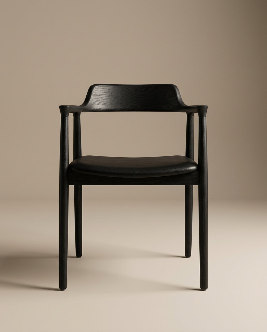 The Sven Dining Chair by SOBU features a minimalist, sleek design with solid black ash wood, leather seat, armrests, and a gently curved backrest, shown against a plain beige background.