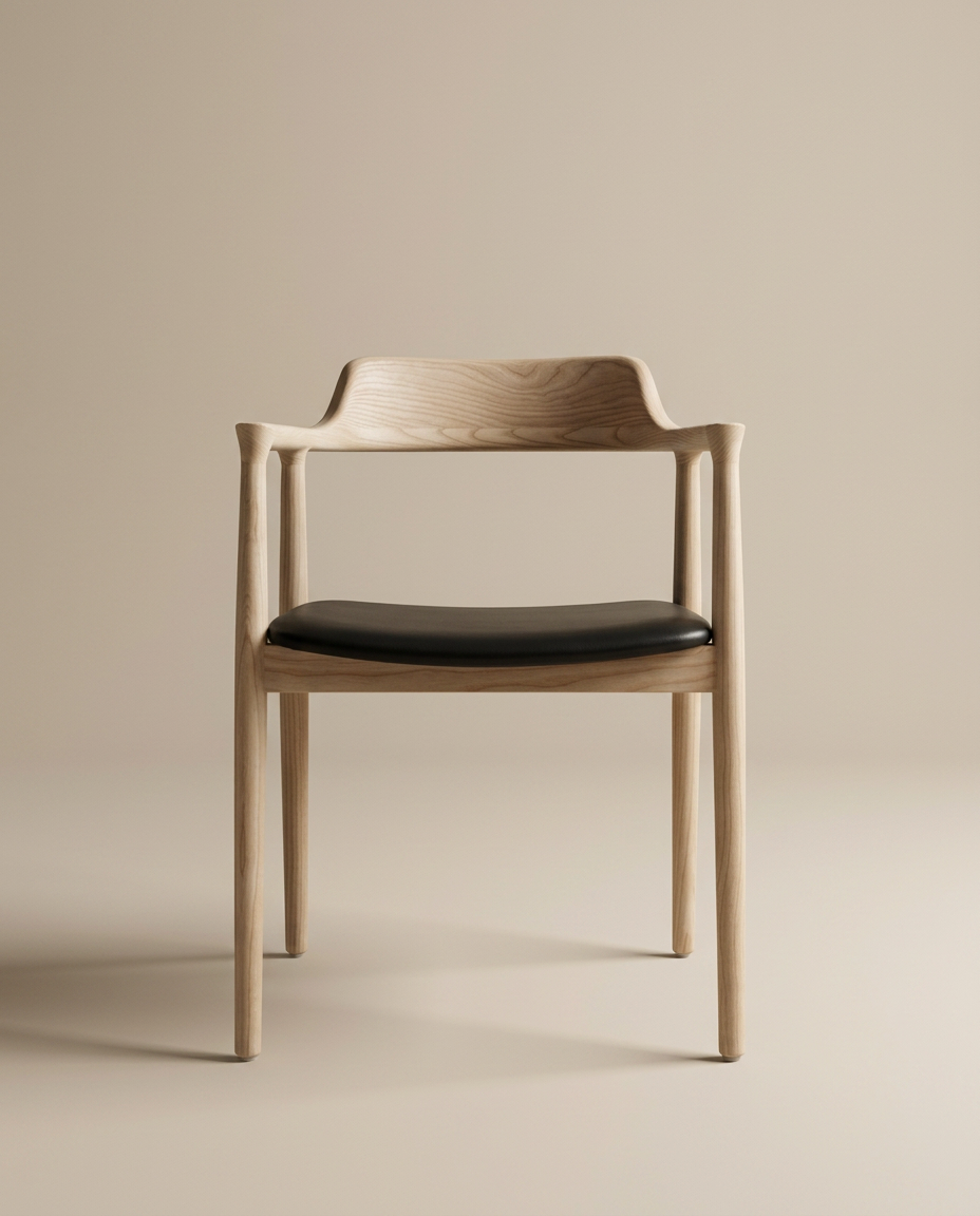 The SOBU Sven Dining Chair in White Ash with a black leather padded seat and curved backrest is centered against a plain beige background.