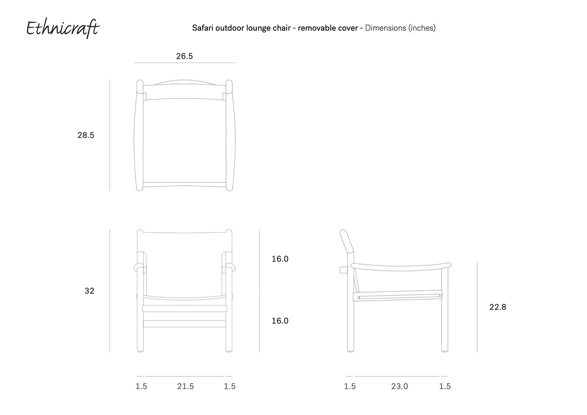 Line drawings of the Ethnicraft Safari Lounge Chair from top, front, and side perspectives with dimensions in inches—width: 26.5″, depth: 32″, height: 28.5″. The Ethnicraft logo and details accentuate this outdoor lounge chair crafted from teak with a removable cover at the top.