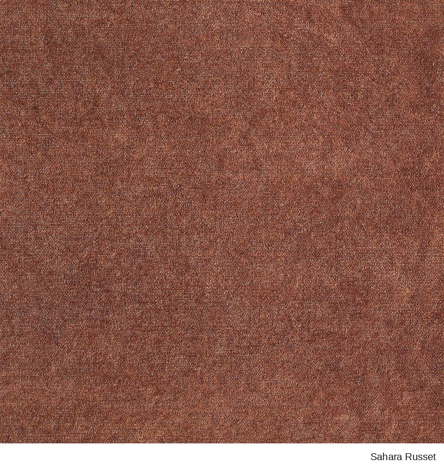 A close-up of a rust-colored Material Swatches textile from the Danish Collection, labeled Sahara Russet.