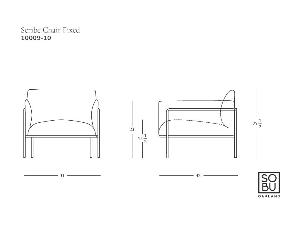Line drawing of the Scribe Lounge Chair | Fabric by Wooden Stories, modern Danish-inspired design, shown front and side with dimensions: 31"W x 32"D x 27.5"H, seat height 15.5", arm height 23". Wooden Stories logo at lower right.