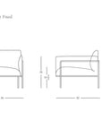 Line drawing of the Scribe Lounge Chair | Fabric by Wooden Stories, modern Danish-inspired design, shown front and side with dimensions: 31"W x 32"D x 27.5"H, seat height 15.5", arm height 23". Wooden Stories logo at lower right.