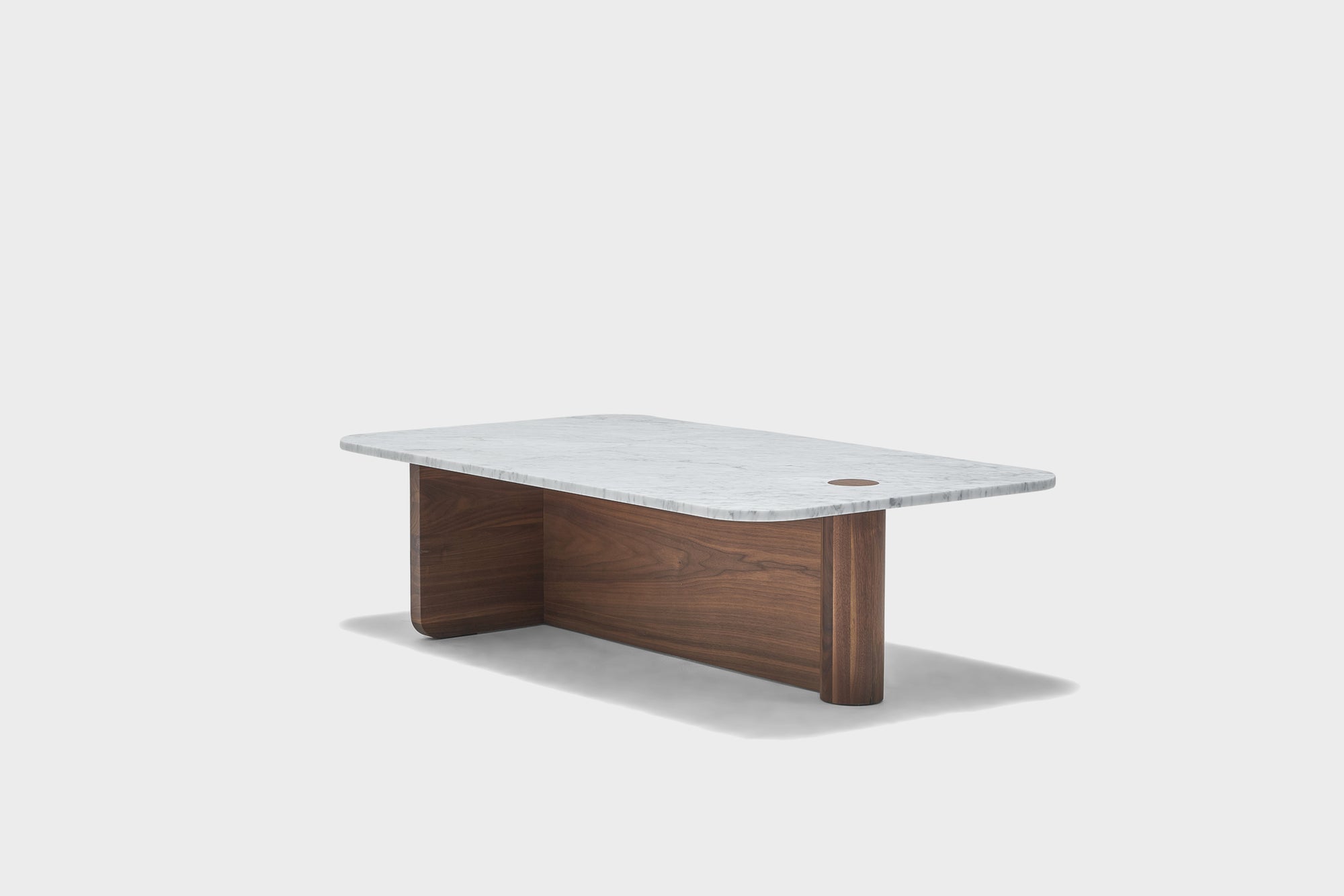 The Pivot Coffee Table | Rectangular by Wooden Stories features a sleek honed marble top and a wooden base with two wide panels, shown here against a plain white background.