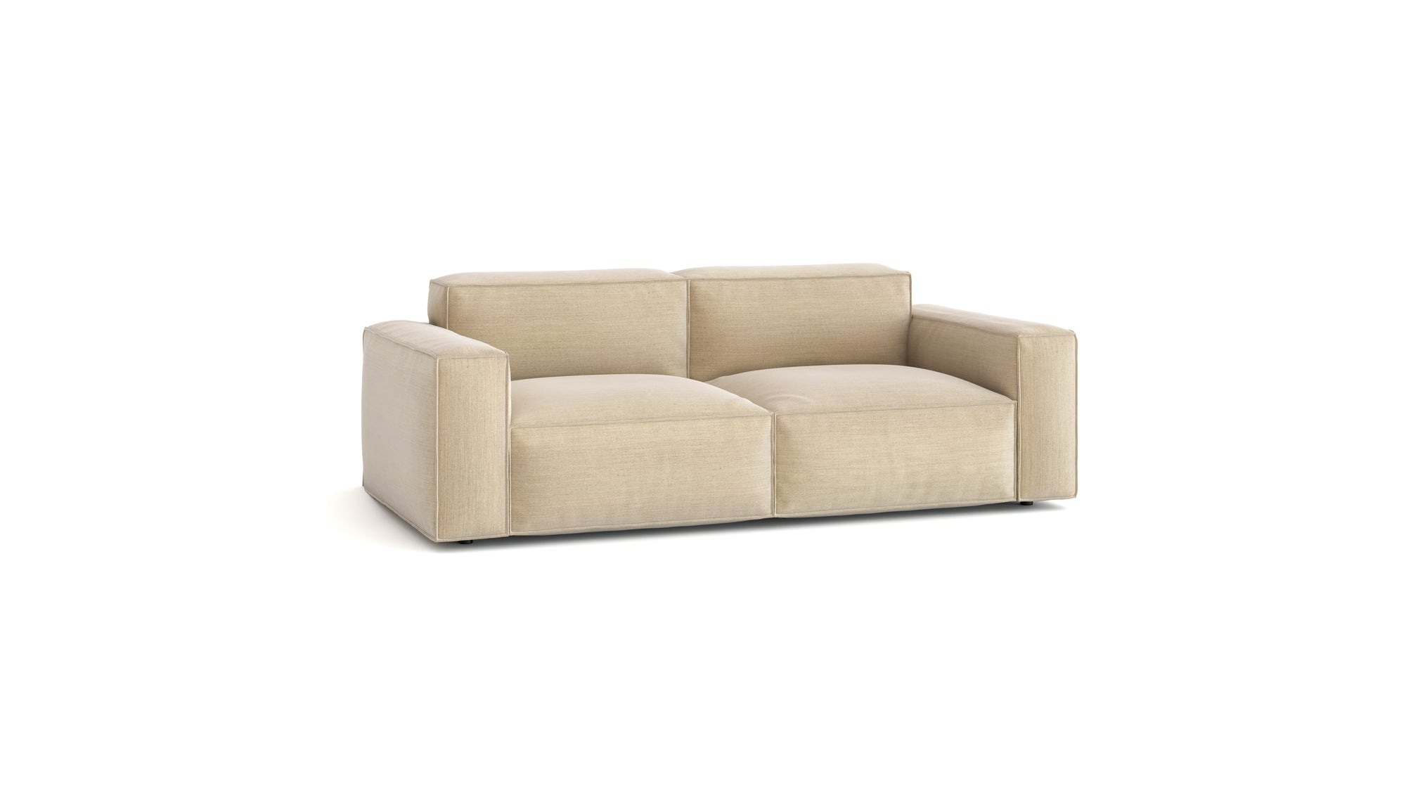 The Baker Sofa | Fabric by Wooden Stories is a modern beige two-seater with plush square cushions and wide armrests, shown against a white background.