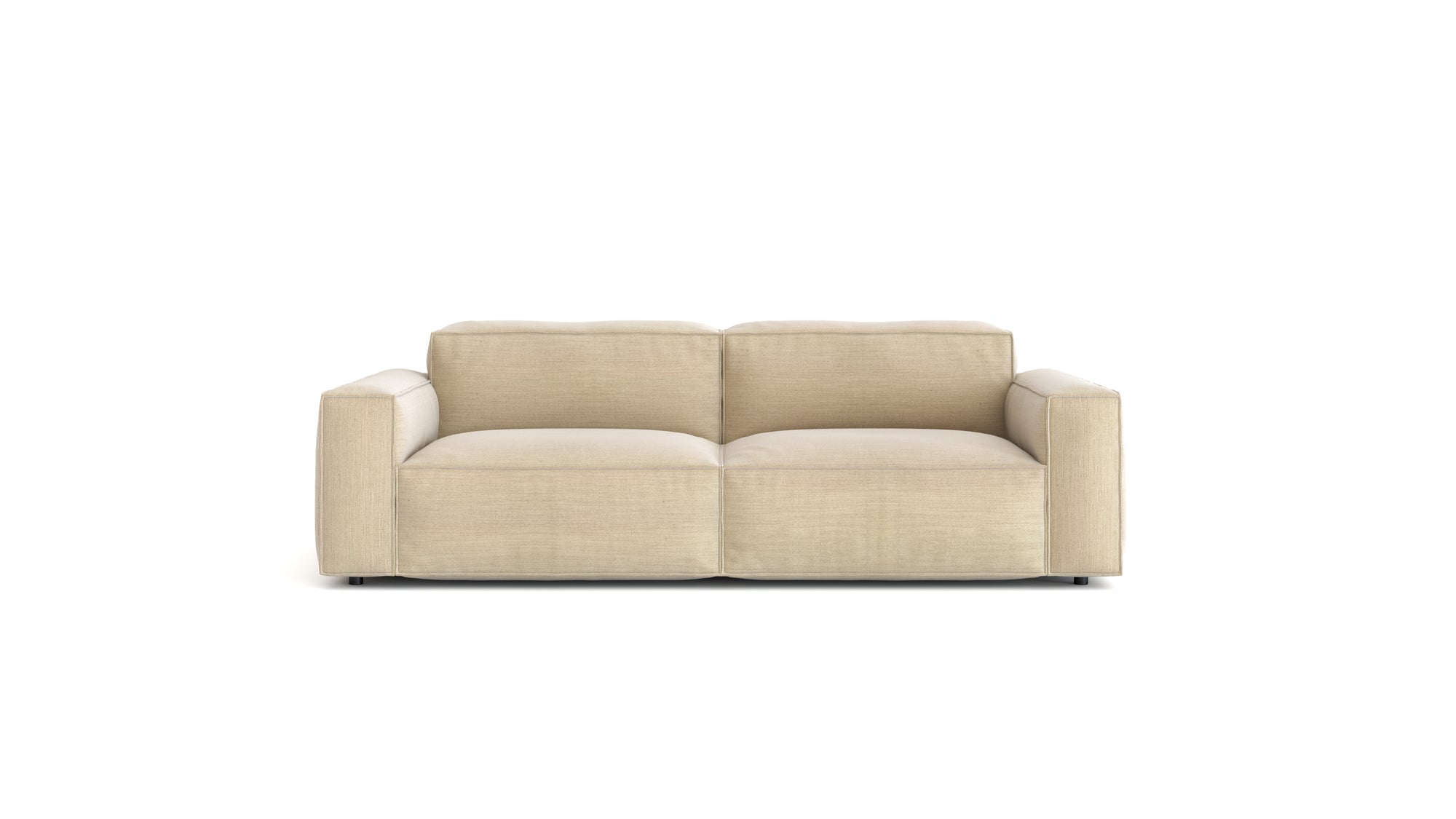The Baker Sofa | Fabric by Wooden Stories is a modern beige modular sofa featuring wide armrests and plush feather-filled cushions, shown against a plain white background.