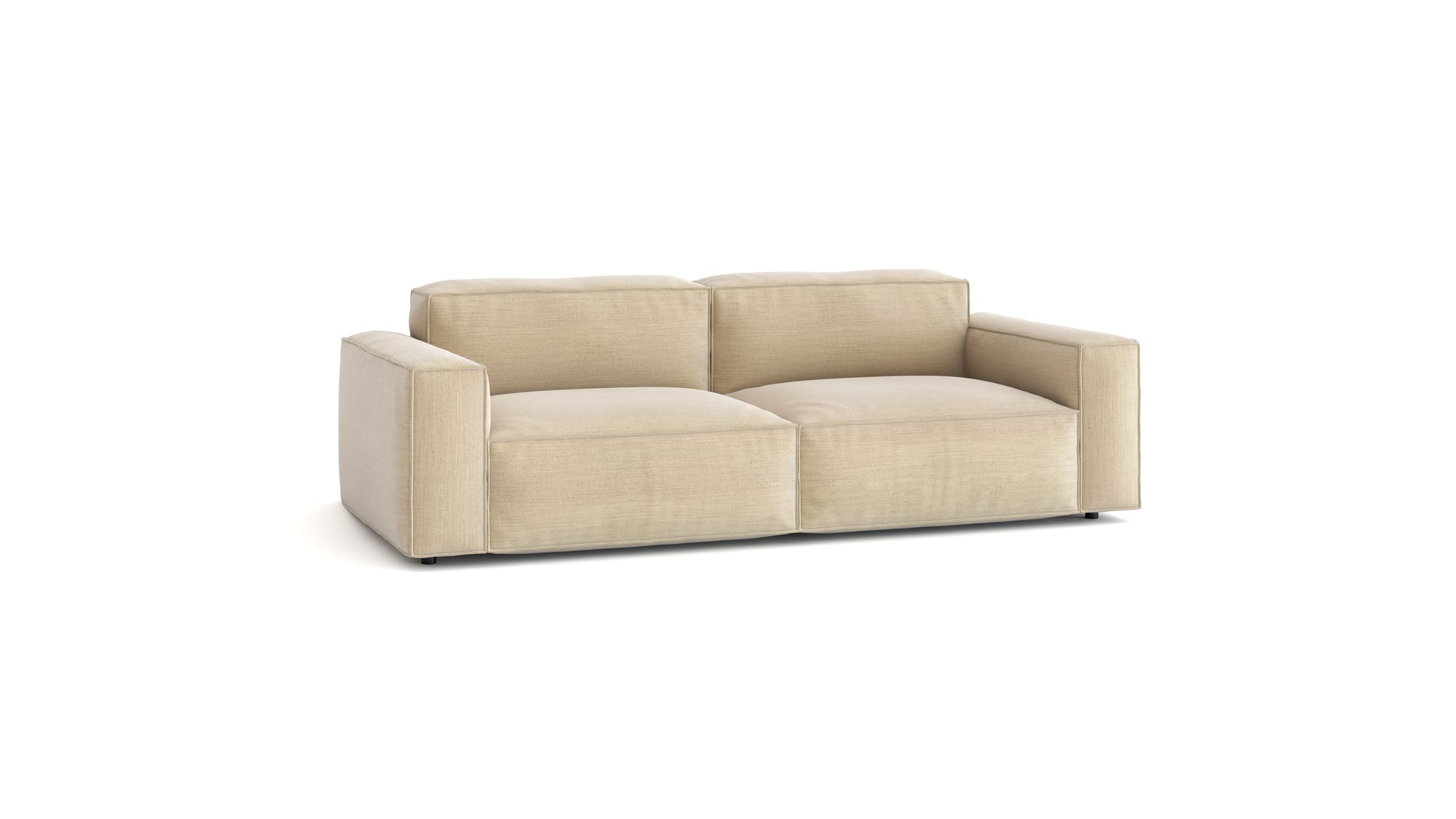 The Wooden Stories Baker Sofa | Fabric is a modern beige two-seater with feather filling, wide arms, and deep cushions, shown against a plain white background.