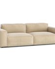 The Wooden Stories Baker Sofa | Fabric is a modern beige two-seater with feather filling, wide arms, and deep cushions, shown against a plain white background.