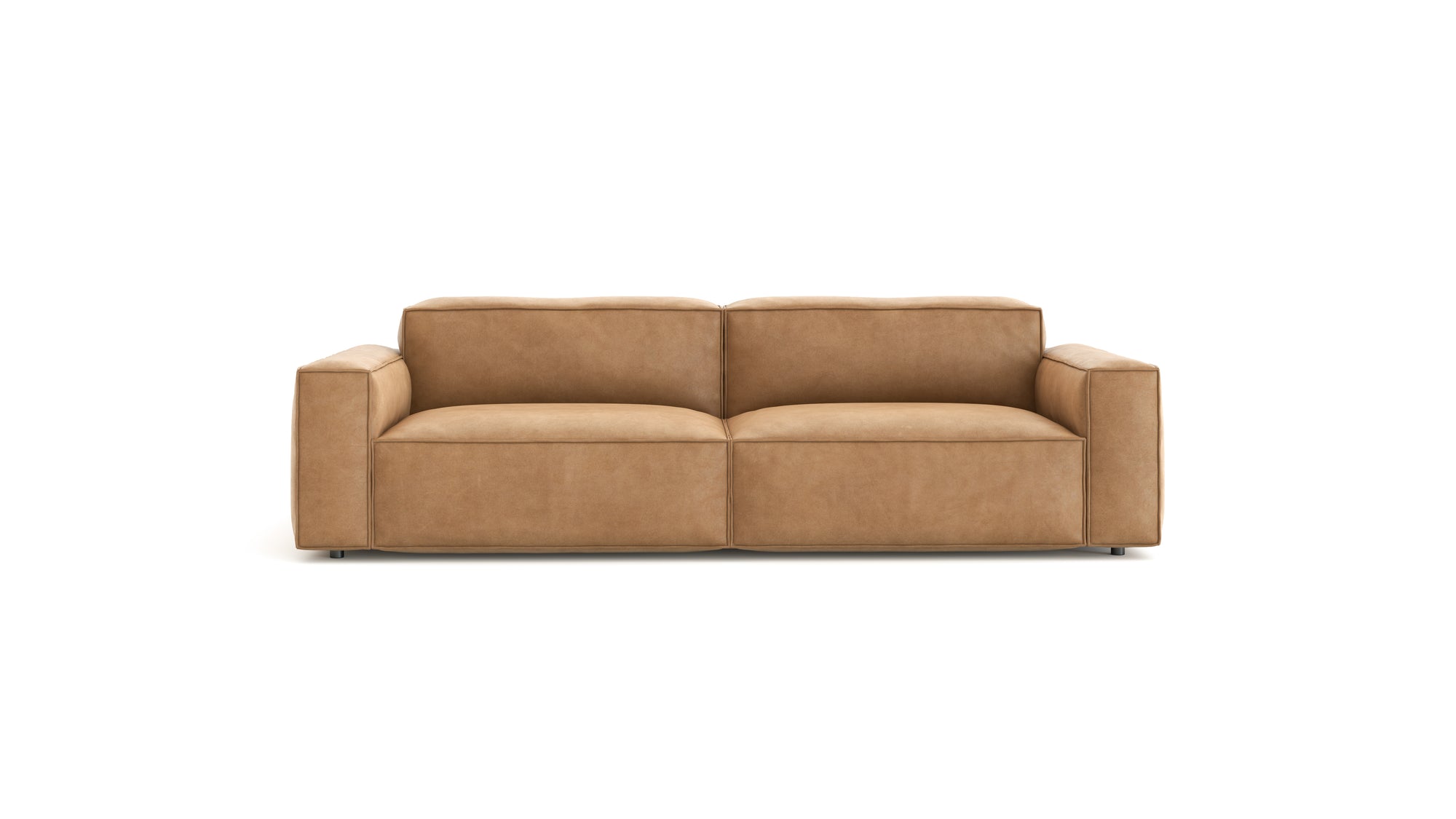 The Baker Sofa | Leather by Wooden Stories is a modern, tan-colored sofa with square arms and plush cushions, displayed against a plain white background.