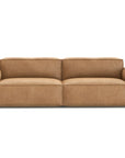 The Baker Sofa | Leather by Wooden Stories is a modern, tan-colored sofa with square arms and plush cushions, displayed against a plain white background.