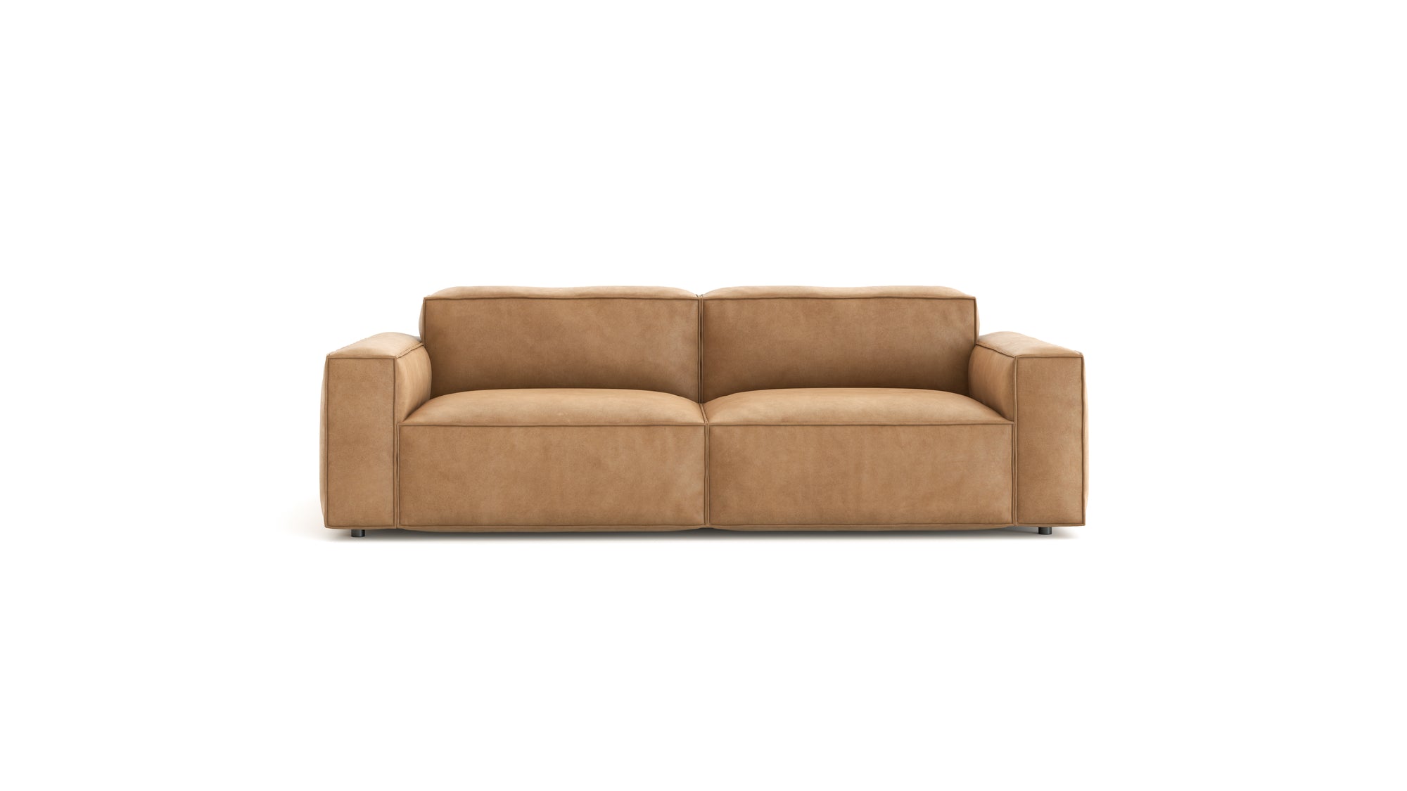 The Baker Sofa | Leather by Wooden Stories is a modern tan loveseat with wide armrests and plush cushions, inspired by classic Baker design, shown against a plain white background.