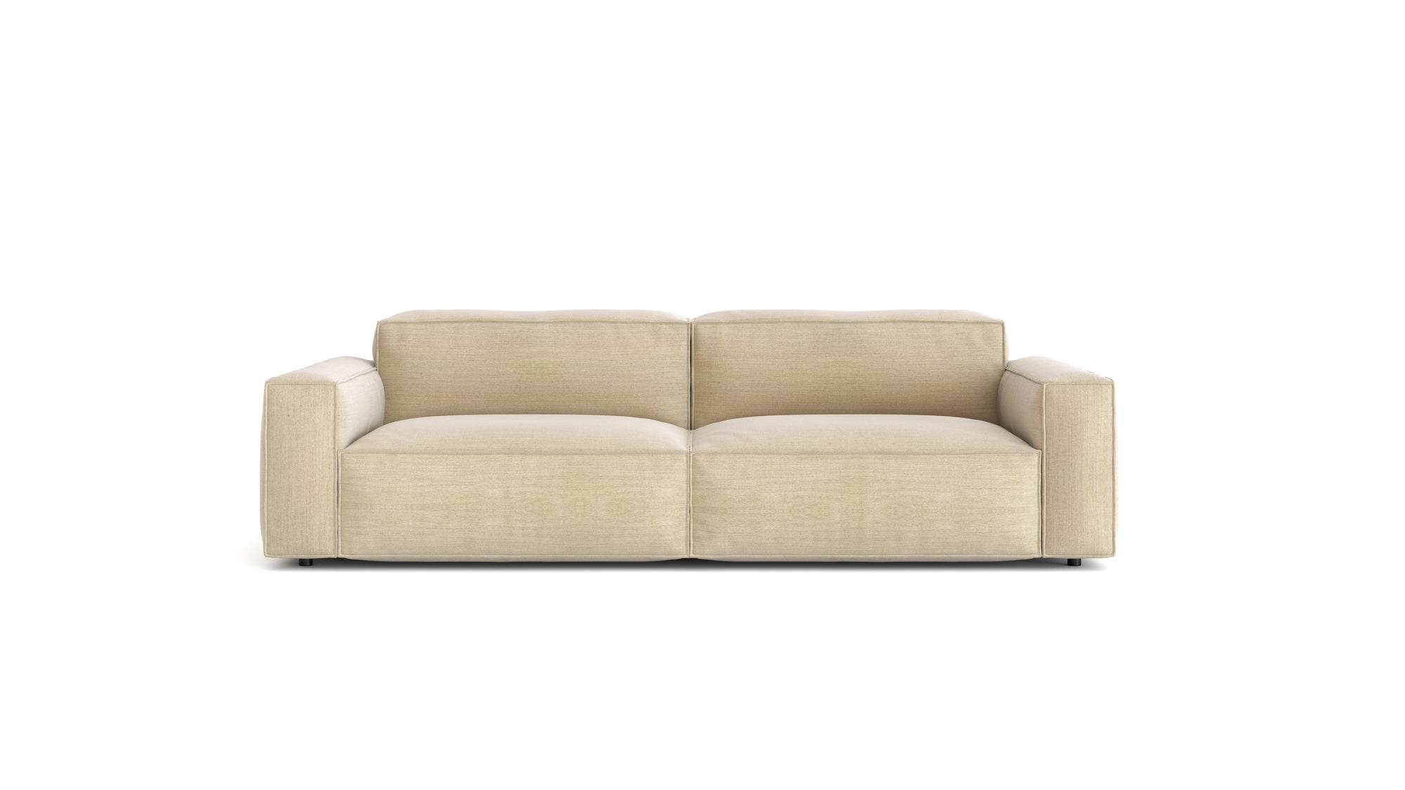 The Baker Sofa | Fabric by Wooden Stories is a modern beige two-seater with wide armrests and plush cushions, set against a plain white background.