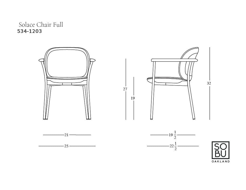 Line drawing of the Solace Dining Armchair | Fabric, a solid wood chair by Wooden Stories, shown from front and side views. Dimensions: H32", SH19", W25", SW21", D22.5". Model 534-1203. Includes SOBU Oakland logo.