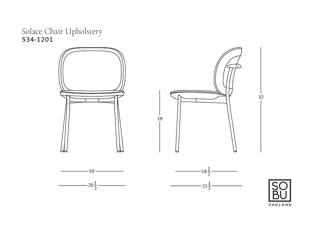 Line drawings of the Solace Dining Chair | Fabric by Wooden Stories, a modern upholstered chair with premium steel frame, shown in front and side views with inch dimensions. Wooden Stories logo appears in the bottom right corner.