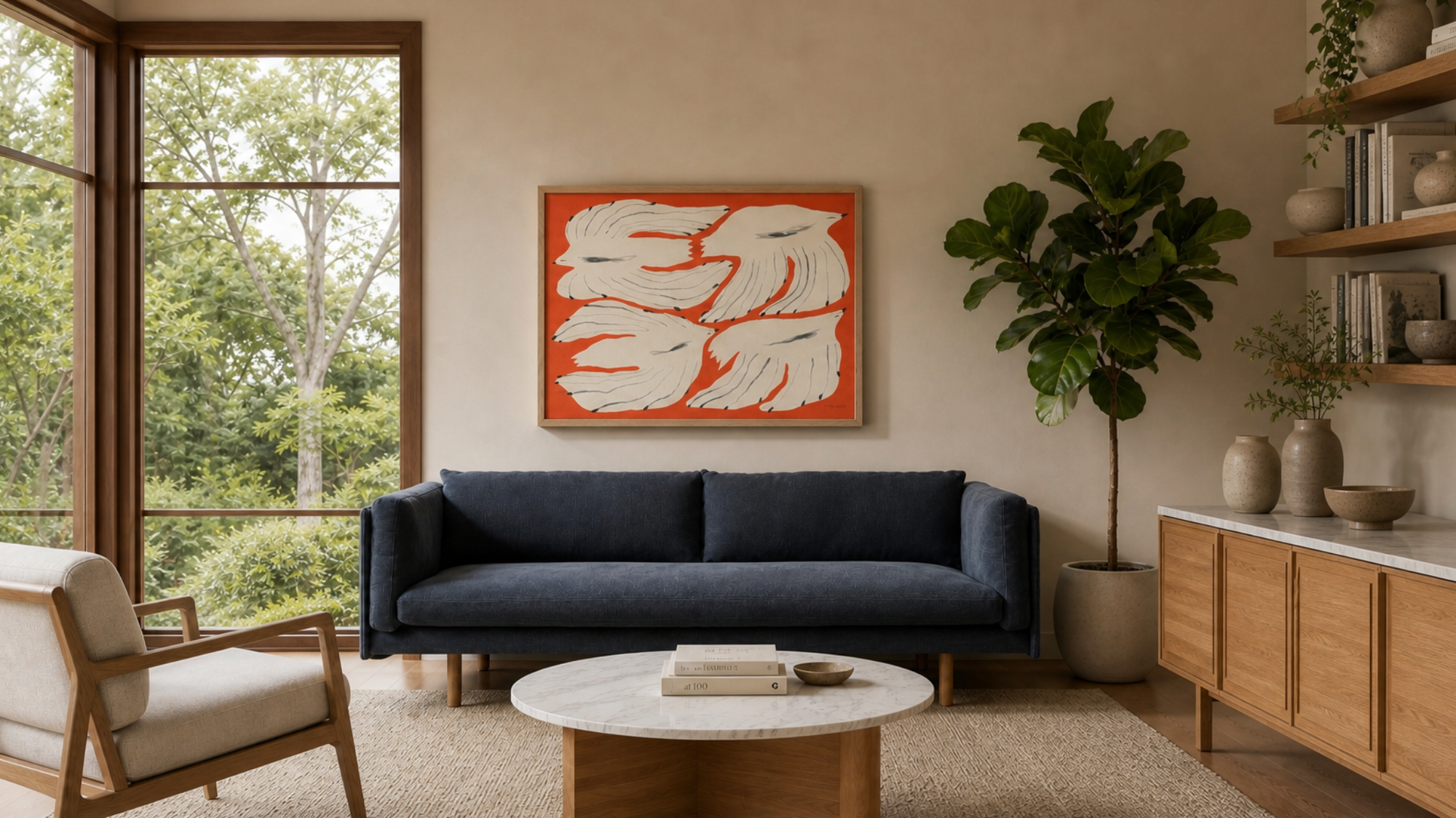 A modern living room featuring the Sonder Sofa | Fabric by Wooden Stories in navy, characterized by its slim proportions, paired with a wooden armchair, round coffee table, potted plant, and abstract art with orange and white accents on the wall. Large windows showcase trees outside.