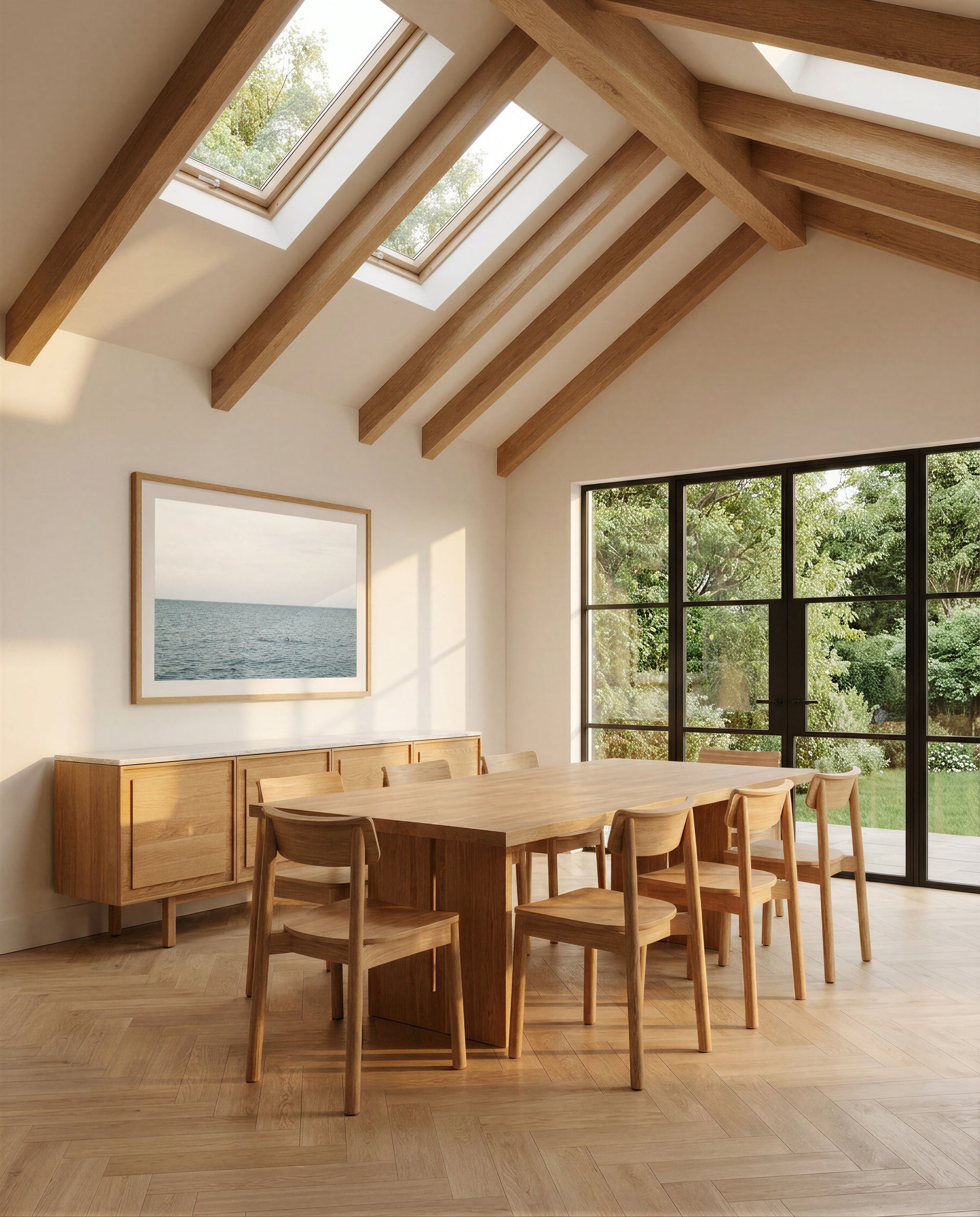 A bright dining room with a SOBU Tommaso Dining Table - Wood Legs, six matching chairs, a sideboard, large garden-facing windows, skylight with exposed beams, and a framed sea picture on the wall.