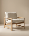 The Troubadour Lounge Chair by Wooden Stories features a solid oak frame and light beige fabric cushions, set against a plain beige background for a clean, modern look.