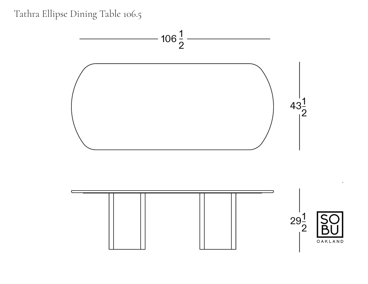 Line drawing of the Tathra Ellipse Dining Table | Stone, showing an elliptical top view measuring 106 1/2 inches long by 43 1/2 inches wide and a side view with a height of 29 1/2 inches.