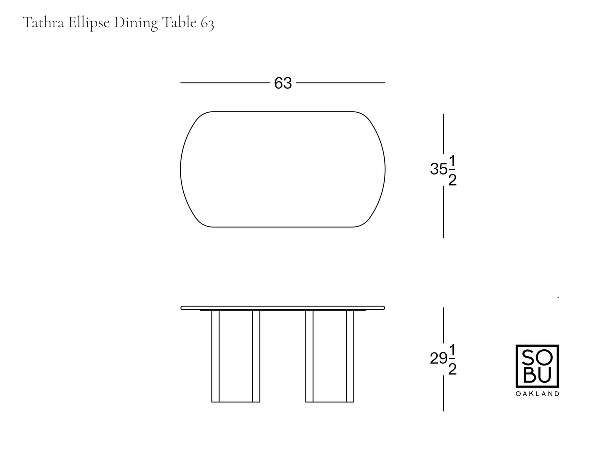 Top-down and side-view technical line drawings of the Tathra Ellipse Dining Table | Stone, labeled with dimensions of 63 inches in length, 35.5 inches in width, and 29.5 inches in height.