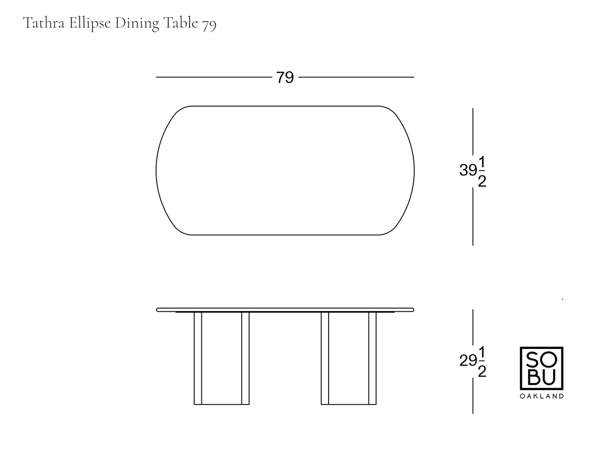 Technical drawing of a Tathra Ellipse Dining Table | Stone showing top and side views with dimensions of 79 inches long, 39.5 inches wide, and 29.5 inches high.