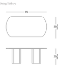 Technical drawing of a Tathra Ellipse Dining Table | Stone showing top and side views with dimensions of 79 inches long, 39.5 inches wide, and 29.5 inches high.