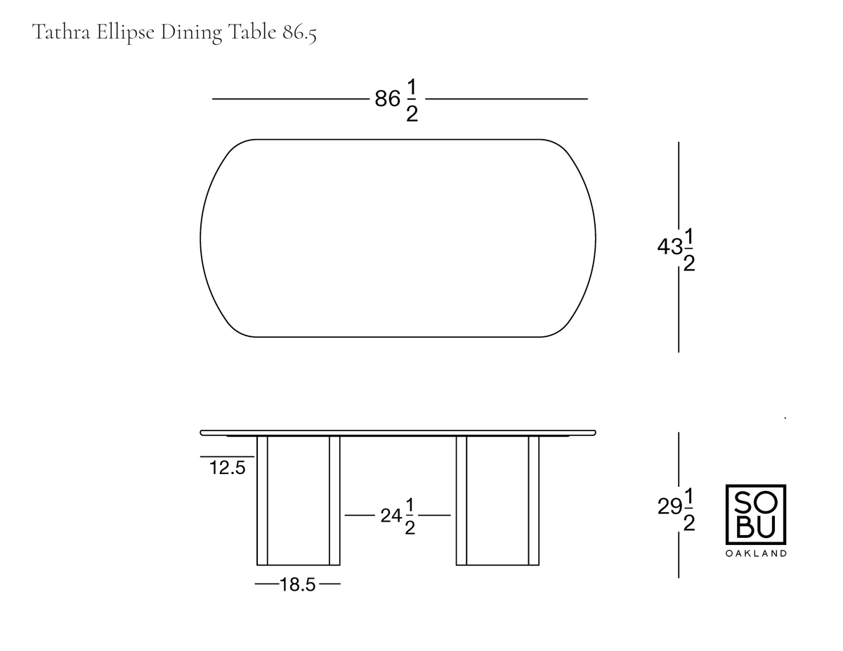 Technical drawing of the Tathra Ellipse Dining Table | Stone, showing top and side views of the oval solid oak dining table with dimensions in inches.