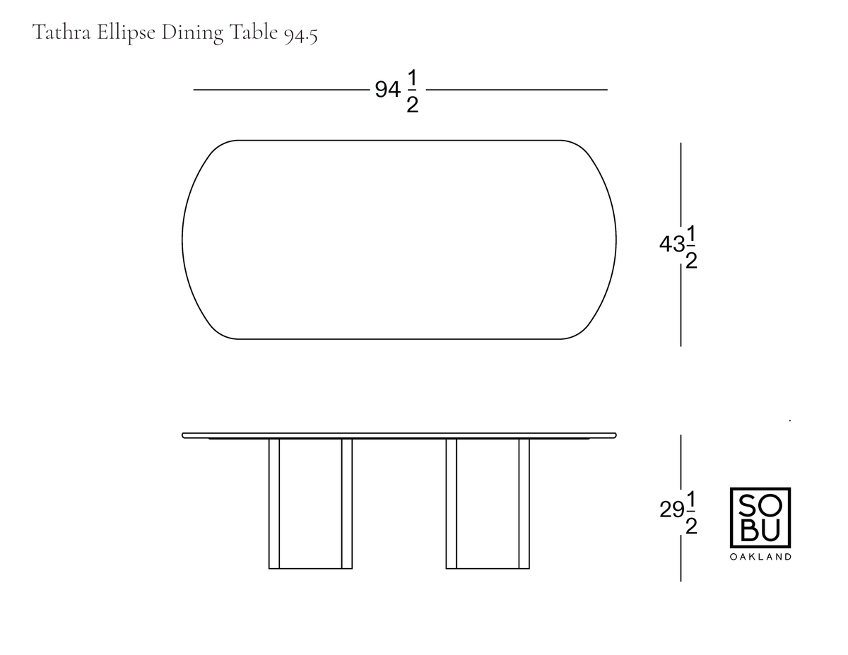 Line drawing of the Tathra Ellipse Dining Table | Stone, showing top and side views with dimensions of 94.5 inches long, 43.5 inches wide, and 29.5 inches high.