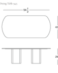 Line drawing of the Tathra Ellipse Dining Table | Stone, showing top and side views with dimensions of 94.5 inches long, 43.5 inches wide, and 29.5 inches high.