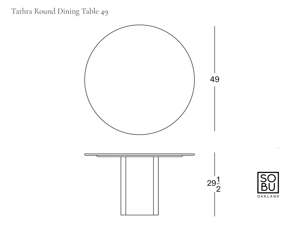 Top-down and side-view line drawing of a Tathra Round Dining Table | Stone, showing a diameter of 49 inches and a height of 29 1/2 inches.