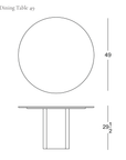 Top-down and side-view line drawing of a Tathra Round Dining Table | Stone, showing a diameter of 49 inches and a height of 29 1/2 inches.