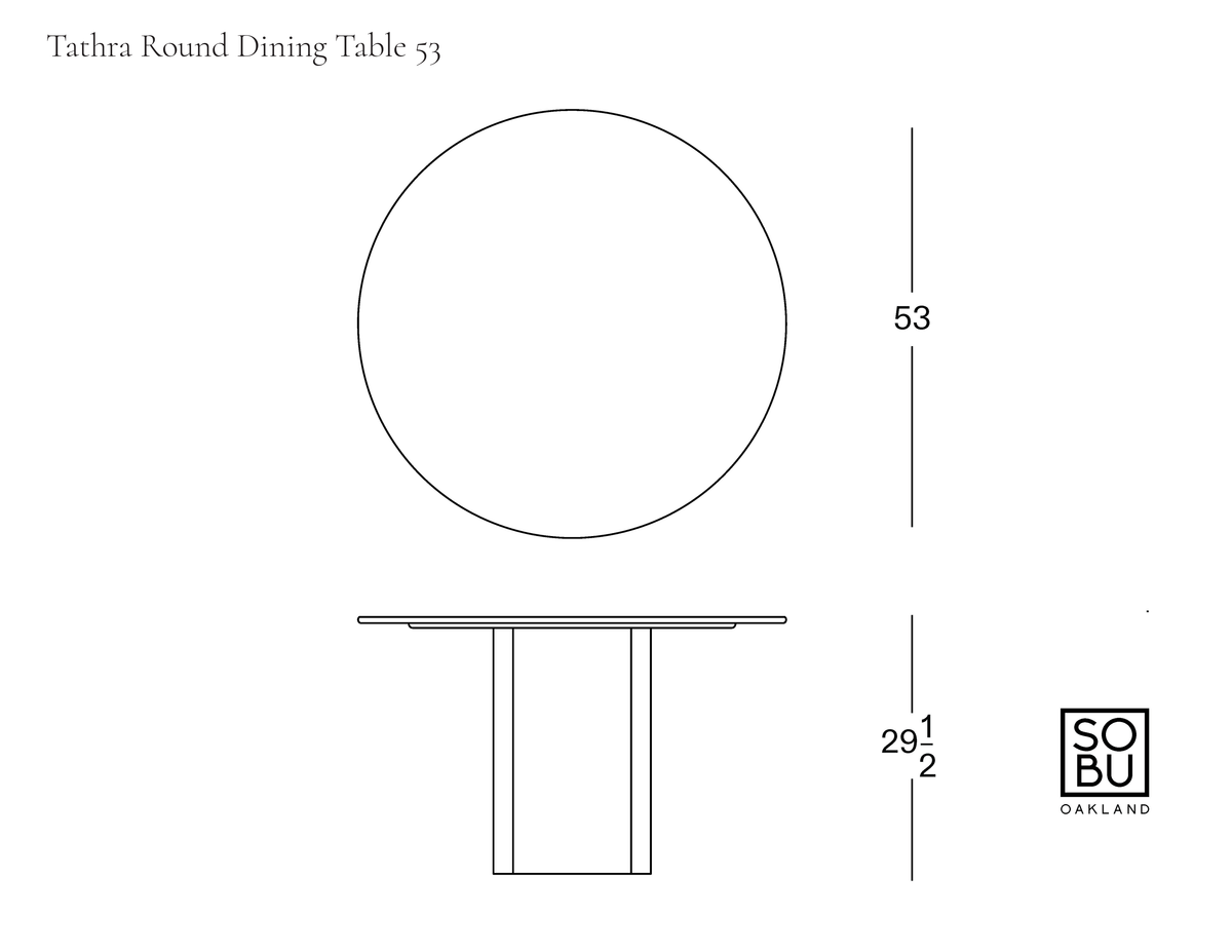 Top-down and side-view technical line drawings of the Tathra Round Dining Table | Stone, a round solid oak dining table with a diameter of 53 inches and a height of 29 1/2 inches.