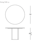 Top-down and side-view technical line drawings of the Tathra Round Dining Table | Stone, a round solid oak dining table with a diameter of 53 inches and a height of 29 1/2 inches.