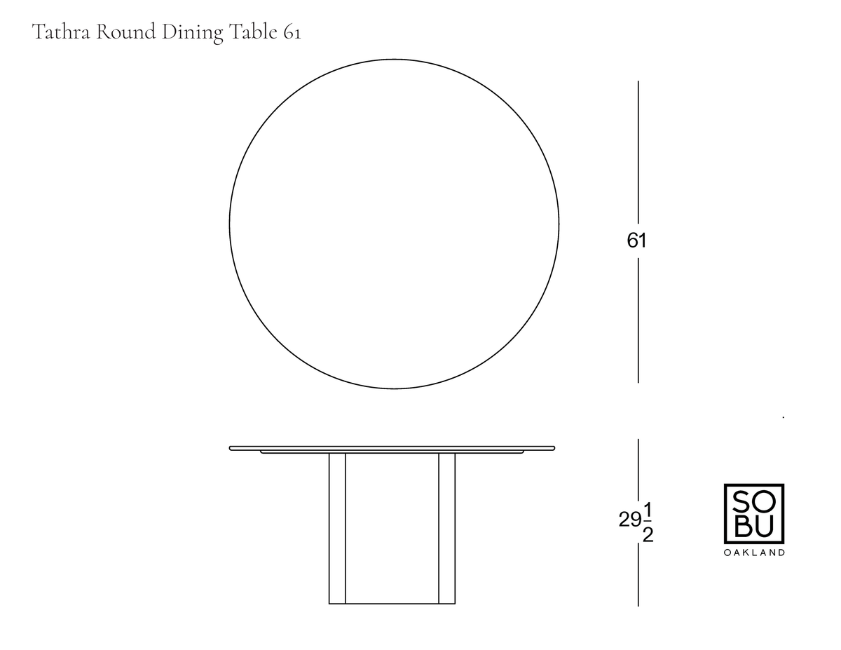 Technical drawing of a Tathra Round Dining Table | Stone showing top and side views with a diameter of 61 and a height of 29 1/2.