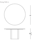 Technical drawing of a Tathra Round Dining Table | Stone showing top and side views with a diameter of 61 and a height of 29 1/2.
