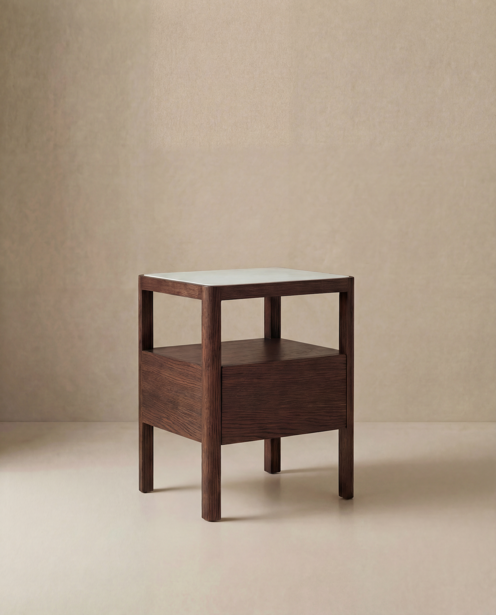 The Theo Nightstand by Wooden Stories features minimalist Danish lines with a square top, open shelf, and closed drawer, set against a neutral beige background—ideal for Natadora or Tolv-inspired interiors.