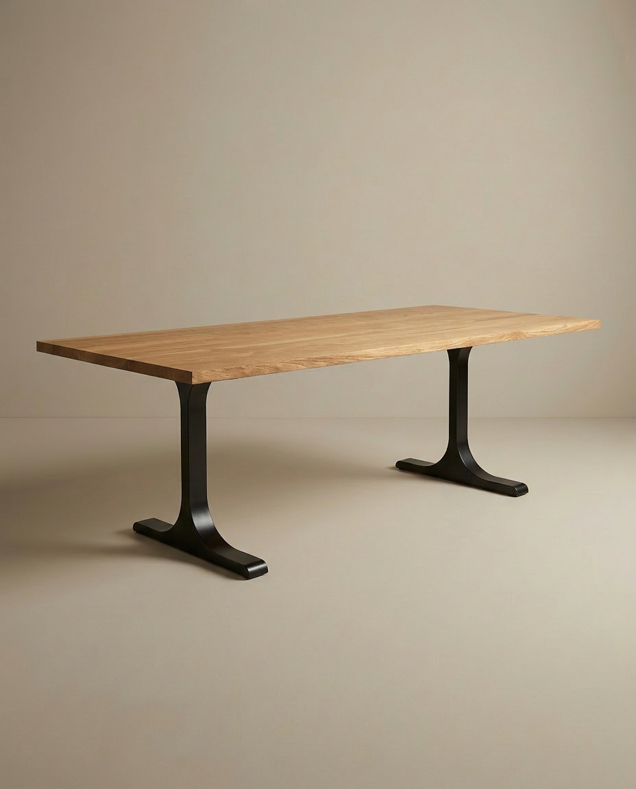 The SOBU Tommaso Dining Table features a modern solid wood rectangular top and sleek black T-legs, shown against a plain beige background.