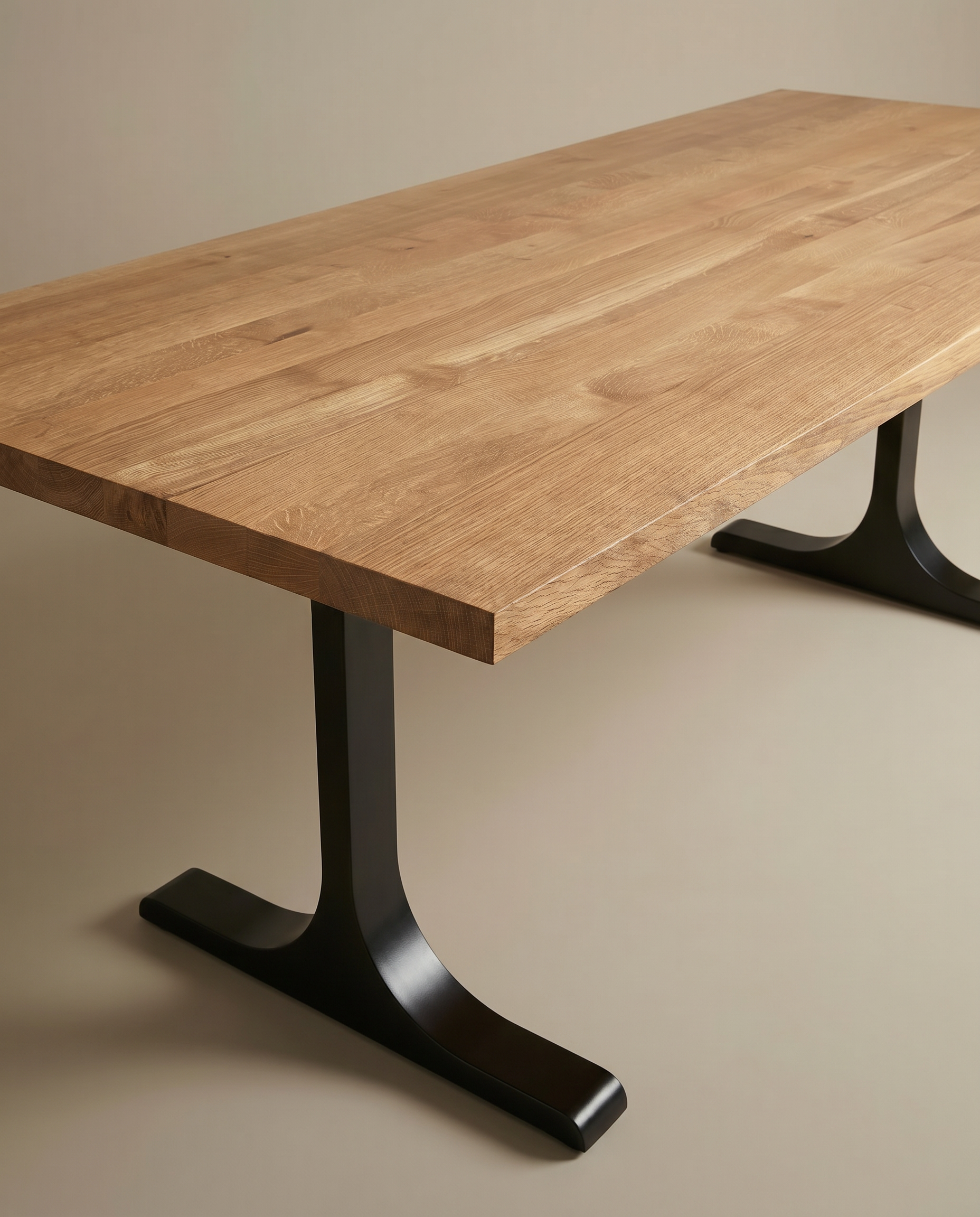 The SOBU Tommaso Dining Table features a modern rectangular solid wood top with a smooth, light wood grain surface and two black metal T-shaped legs, shown on a neutral-colored floor.